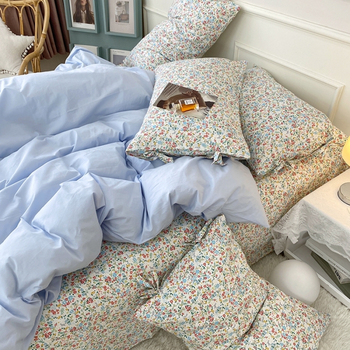 91家纺网 家纺一手货源 找家纺 一米阳光 新款蝴蝶结色织水洗棉小碎花撞色四件套-情怀系列 清澈蓝