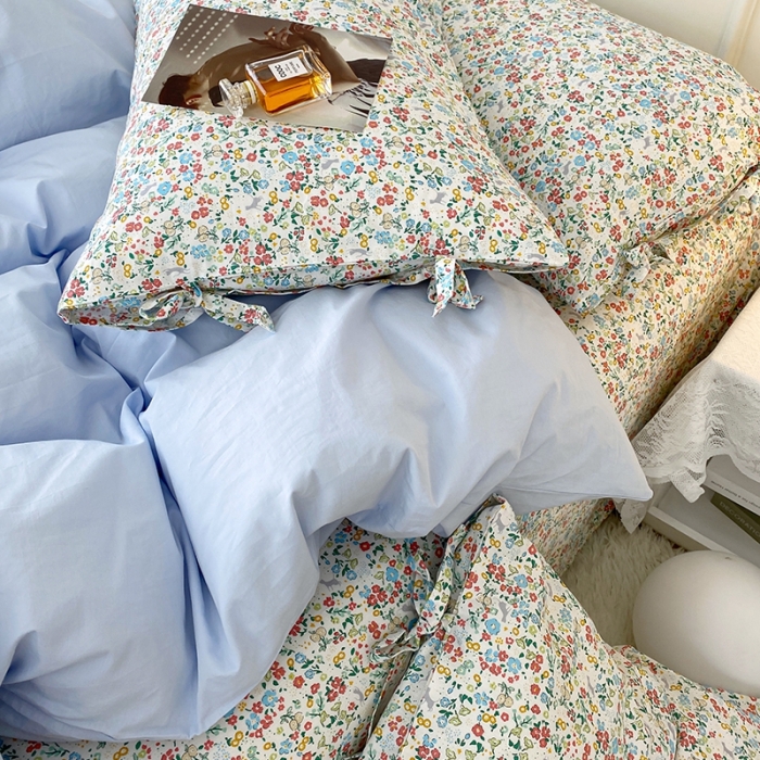 91家纺网 家纺一手货源 找家纺 一米阳光 新款蝴蝶结色织水洗棉小碎花撞色四件套-情怀系列 清澈蓝