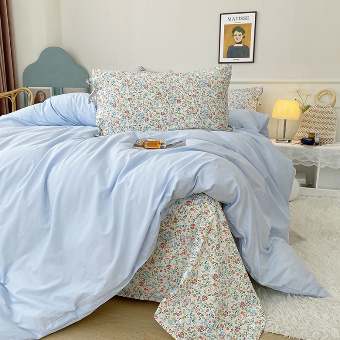 91家纺网 家纺一手货源 找家纺 一米阳光 新款蝴蝶结色织水洗棉小碎花撞色四件套-情怀系列 清澈蓝