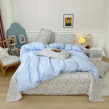 一米阳光 新款蝴蝶结色织水洗棉小碎花撞色四件套-情怀系列 清澈蓝