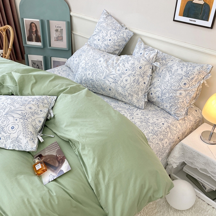 91家纺网 家纺一手货源 找家纺 一米阳光 新款蝴蝶结色织水洗棉小碎花撞色四件套-情怀系列 清新绿