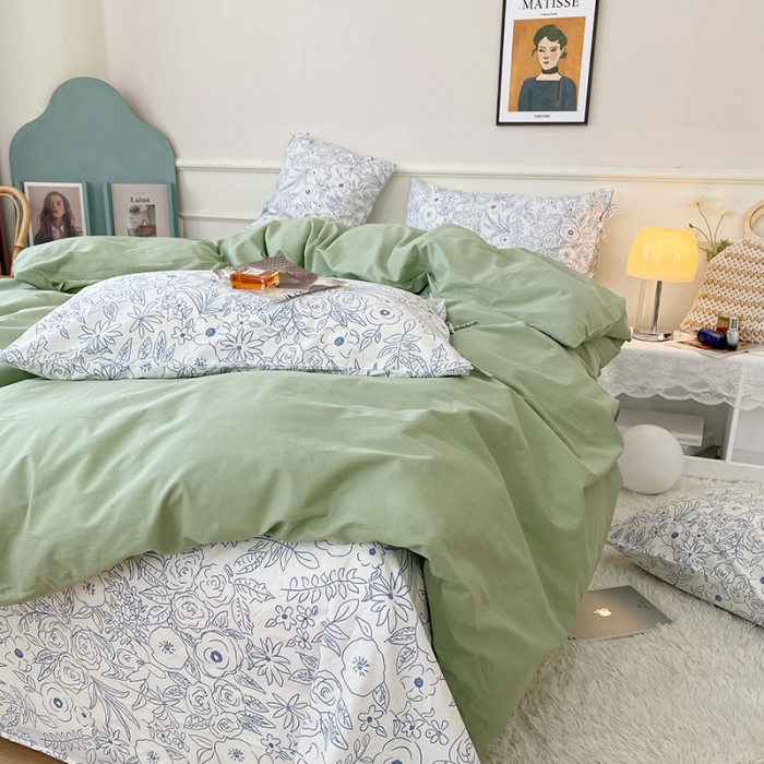 91家纺网 家纺一手货源 找家纺 一米阳光 新款蝴蝶结色织水洗棉小碎花撞色四件套-情怀系列 清新绿