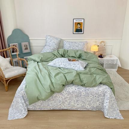 一米阳光 新款蝴蝶结色织水洗棉小碎花撞色四件套-情怀系列 清新绿