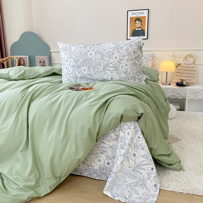 91家纺网 家纺一手货源 找家纺 一米阳光 新款蝴蝶结色织水洗棉小碎花撞色四件套-情怀系列 清新绿