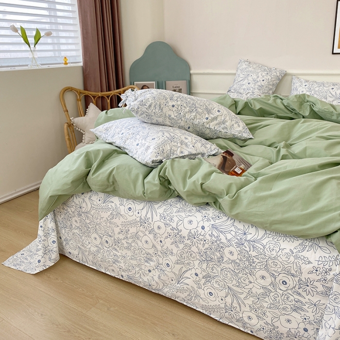 91家纺网 家纺一手货源 找家纺 一米阳光 新款蝴蝶结色织水洗棉小碎花撞色四件套-情怀系列 清新绿