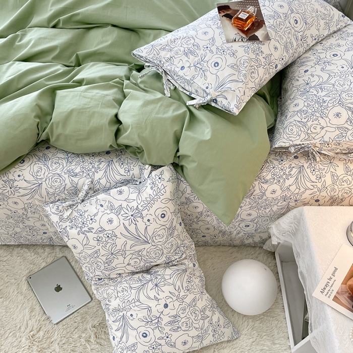 91家纺网 家纺一手货源 找家纺 一米阳光 新款蝴蝶结色织水洗棉小碎花撞色四件套-情怀系列 清新绿