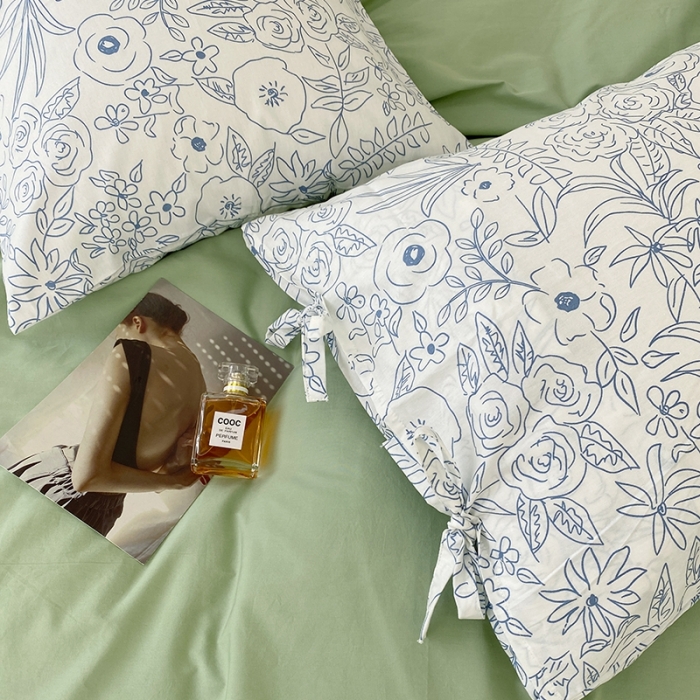 91家纺网 家纺一手货源 找家纺 一米阳光 新款蝴蝶结色织水洗棉小碎花撞色四件套-情怀系列 清新绿