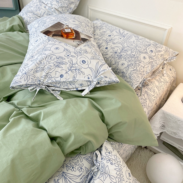 91家纺网 家纺一手货源 找家纺 一米阳光 新款蝴蝶结色织水洗棉小碎花撞色四件套-情怀系列 清新绿