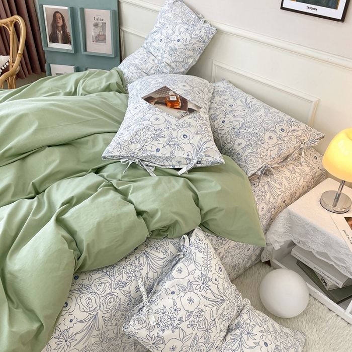 91家纺网 家纺一手货源 找家纺 一米阳光 新款蝴蝶结色织水洗棉小碎花撞色四件套-情怀系列 清新绿