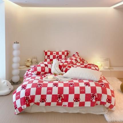 时光里 230g正宗全消光印花牛奶绒迪士尼棋盘格系列四件套 棋盘格--草莓熊