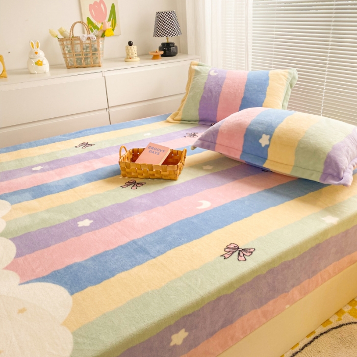 91家纺网 家纺一手货源 找家纺 佰亿莱 2024新款 直播爆款高克重牛奶绒床笠三件套 彩虹蝴蝶结