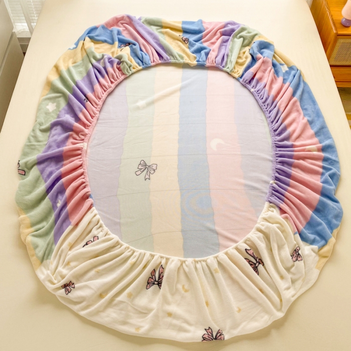 91家纺网 家纺一手货源 找家纺 佰亿莱 2024新款 直播爆款高克重牛奶绒床笠三件套 彩虹蝴蝶结