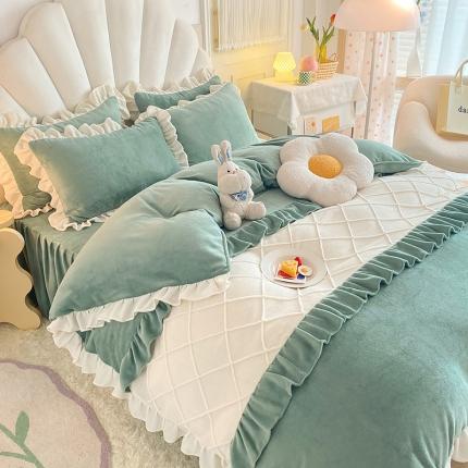 芭比蔓 2024新款直播供货韩版花边款牛奶绒四件套 竹青绿