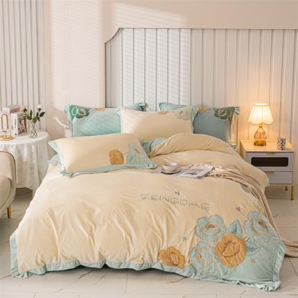 91家纺网 家纺一手货源 找家纺 名品优仓 2022新款大贴布绣刺绣婴芙绒四件套百花齐放-驼色