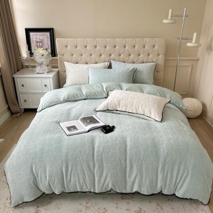 91家纺网 家纺一手货源 找家纺 柚子 2022新款雕花牛奶绒四件套-山茶花 茶花蓝