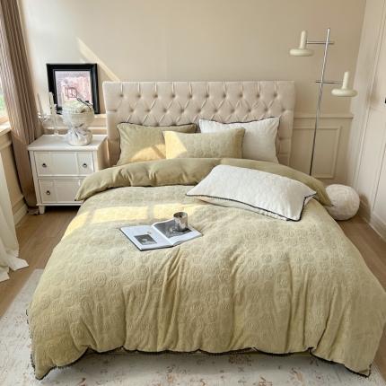 91家纺网 家纺一手货源 找家纺 柚子 2022新款雕花牛奶绒四件套-山茶花 茶花绿