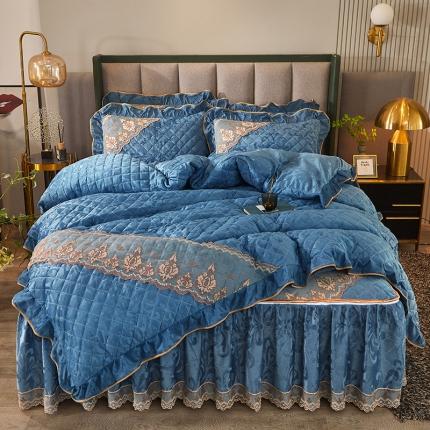 91家纺网 家纺一手货源 找家纺 网红馆 2025新品天鹅绒夹棉床裙四件套 幻城巴黎 蔚蓝