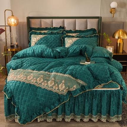 网红馆 2025新品天鹅绒夹棉床裙四件套 幻城巴黎 翡翠