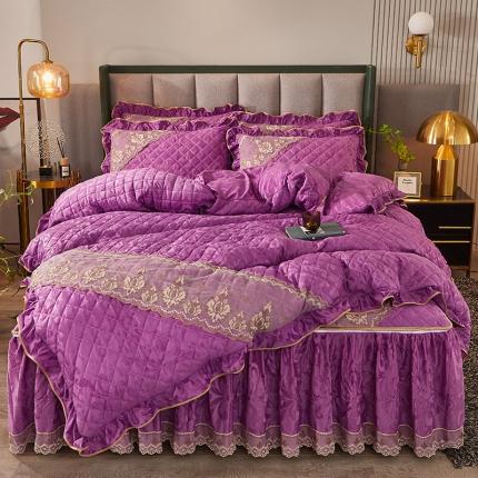 网红馆 2025新品天鹅绒夹棉床裙四件套 幻城巴黎 魅紫