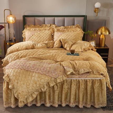 网红馆 2025新品天鹅绒夹棉床裙四件套 幻城巴黎 香槟