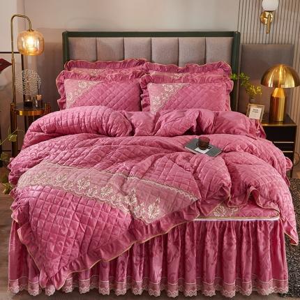 网红馆 2025新品天鹅绒夹棉床裙四件套 幻城巴黎 胭脂