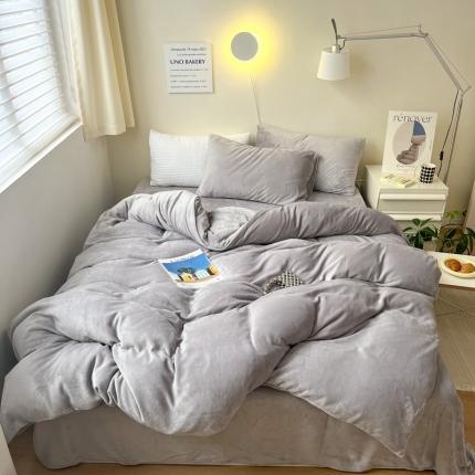 91家纺网 家纺一手货源 找家纺 六巷胡同 2022ins博主风牛奶绒纯色系四件套 浅灰