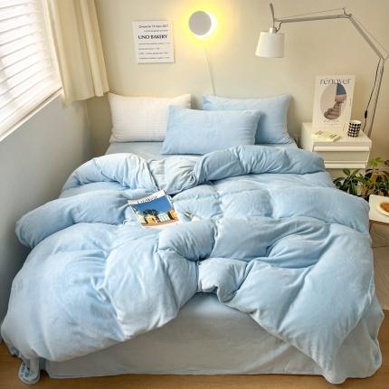 91家纺网 家纺一手货源 找家纺 六巷胡同 2022ins博主风牛奶绒纯色系四件套 天蓝