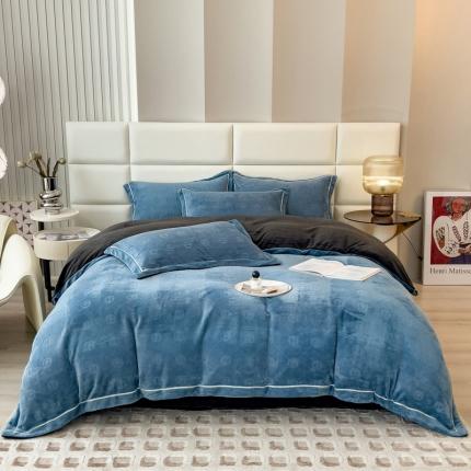 91家纺网 家纺一手货源 找家纺 印季2024新款HG剪花一字绣牛奶绒四件套 蓝灰-深灰