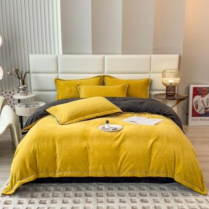 91家纺网 家纺一手货源 找家纺 印季2024新款HG剪花一字绣牛奶绒四件套 亮黄-深灰