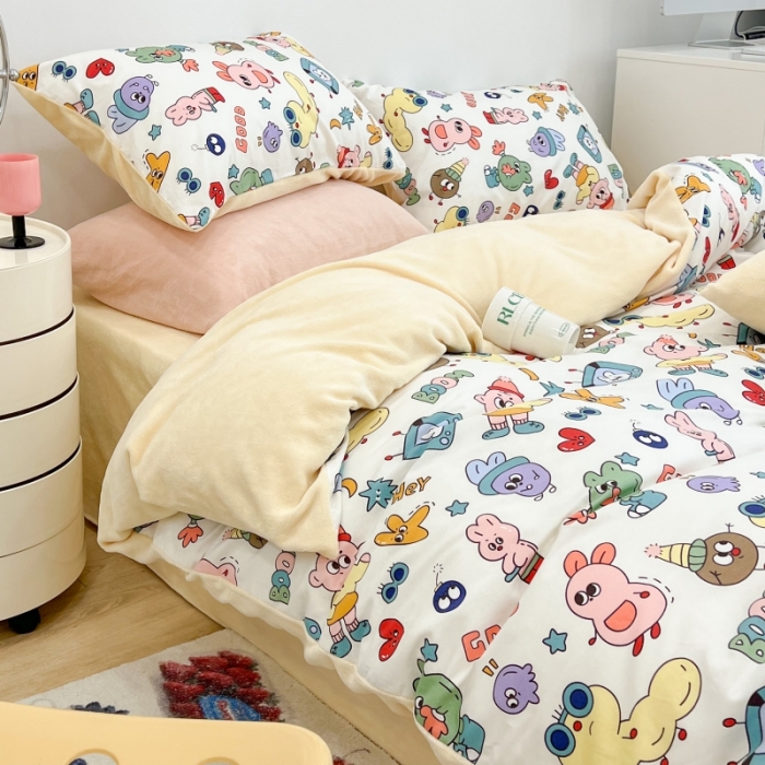 91家纺网 家纺一手货源 找家纺 昔可 2022新款梦幻公主风系列棉加绒印花四件套 彩色童趣