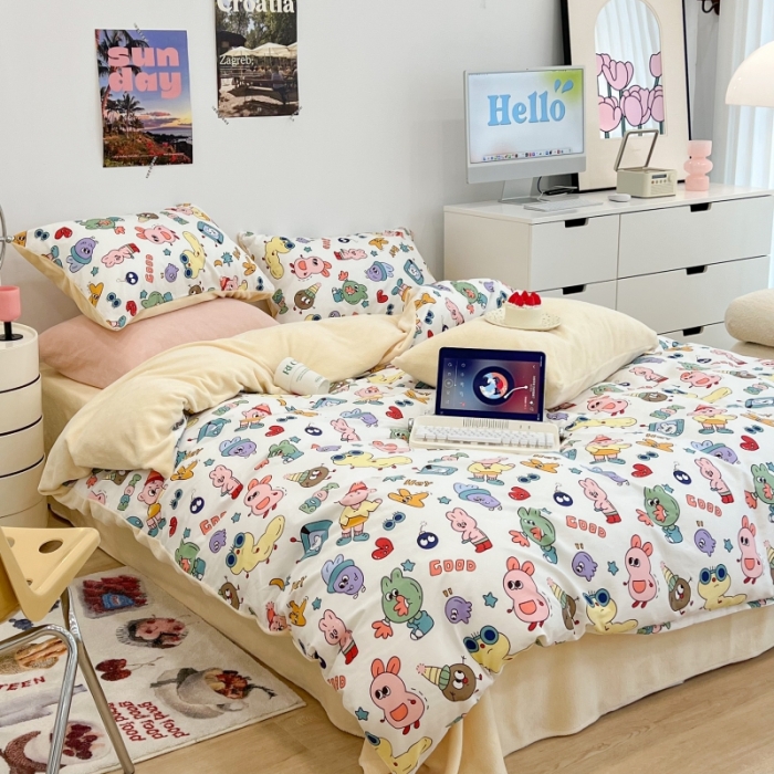 91家纺网 家纺一手货源 找家纺 昔可 2022新款梦幻公主风系列棉加绒印花四件套 彩色童趣