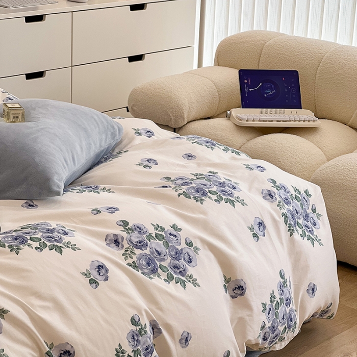 91家纺网 家纺一手货源 找家纺 昔可 2022新款梦幻公主风系列棉加绒印花四件套 法式蓝玫瑰