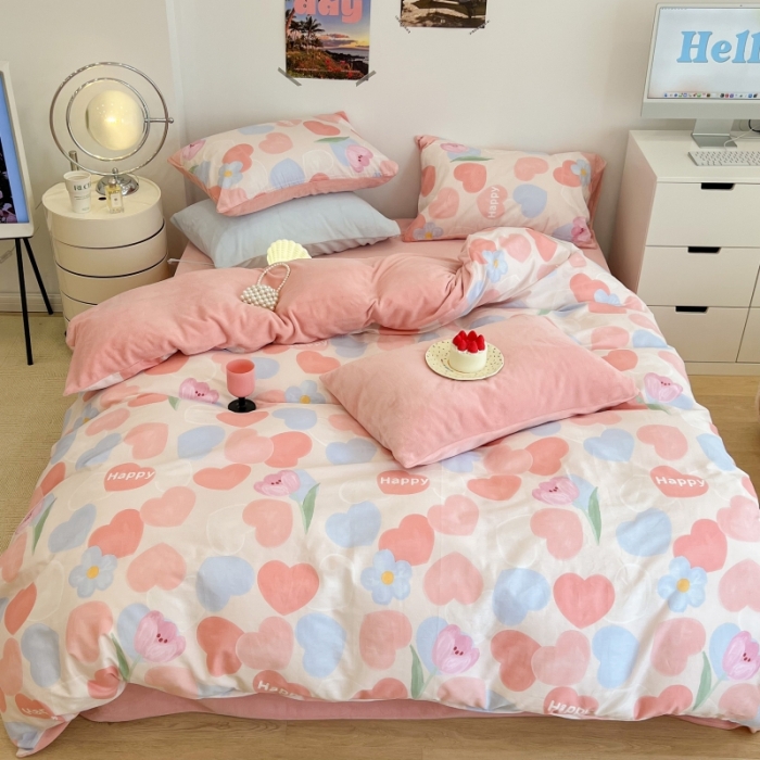 91家纺网 家纺一手货源 找家纺 昔可 2022新款梦幻公主风系列棉加绒印花四件套 粉粉桃心