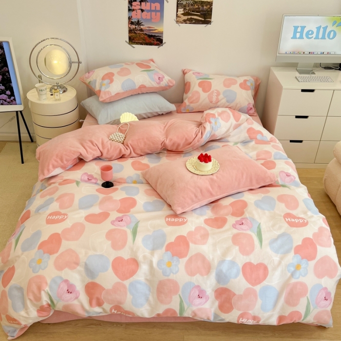 91家纺网 家纺一手货源 找家纺 昔可 2022新款梦幻公主风系列棉加绒印花四件套 粉粉桃心