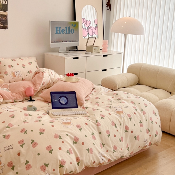 91家纺网 家纺一手货源 找家纺 昔可 2022新款梦幻公主风系列棉加绒印花四件套 粉郁金兔
