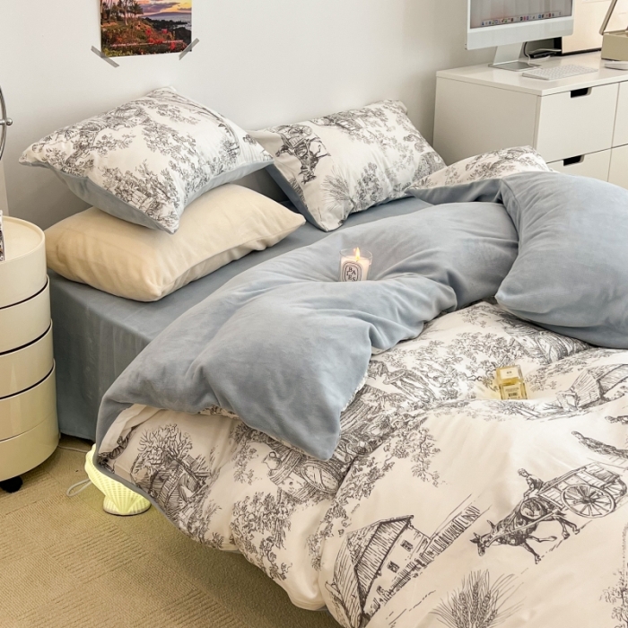 91家纺网 家纺一手货源 找家纺 昔可 2022新款梦幻公主风系列棉加绒印花四件套 水墨画灰