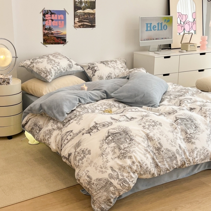 91家纺网 家纺一手货源 找家纺 昔可 2022新款梦幻公主风系列棉加绒印花四件套 水墨画灰