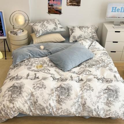 昔可 2022新款梦幻公主风系列棉加绒印花四件套 水墨画灰