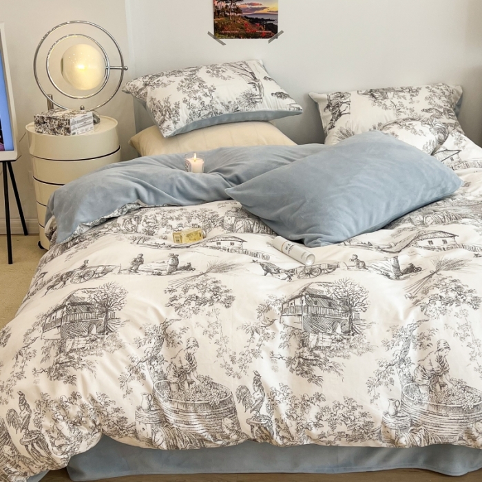 91家纺网 家纺一手货源 找家纺 昔可 2022新款梦幻公主风系列棉加绒印花四件套 水墨画灰