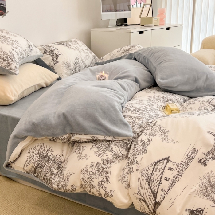 91家纺网 家纺一手货源 找家纺 昔可 2022新款梦幻公主风系列棉加绒印花四件套 水墨画灰