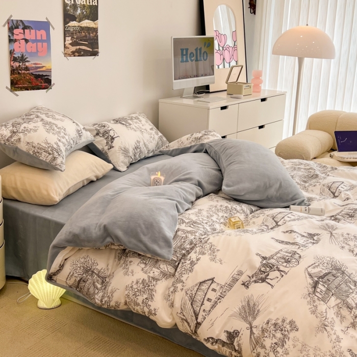 91家纺网 家纺一手货源 找家纺 昔可 2022新款梦幻公主风系列棉加绒印花四件套 水墨画灰