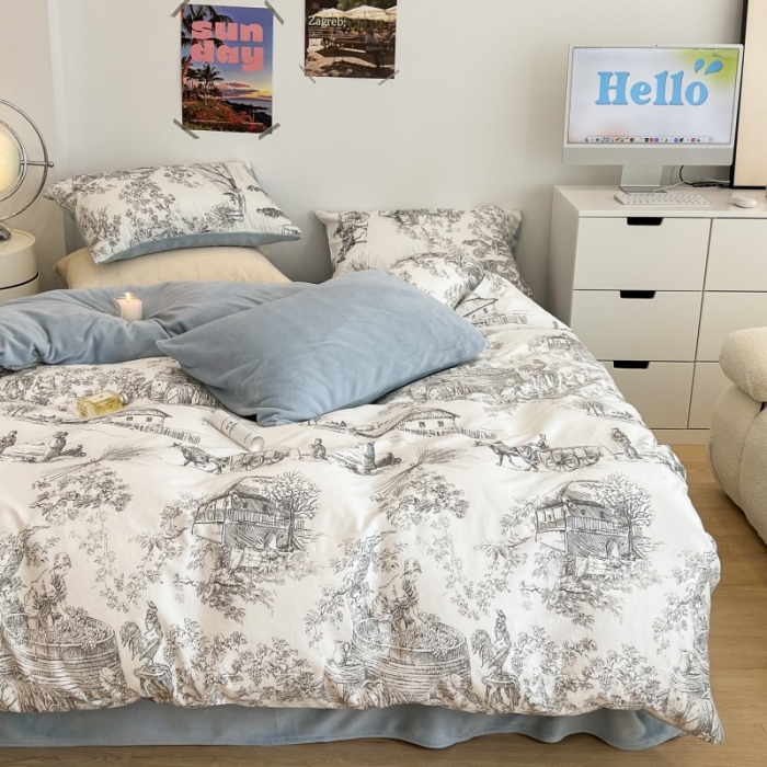 91家纺网 家纺一手货源 找家纺 昔可 2022新款梦幻公主风系列棉加绒印花四件套 水墨画灰