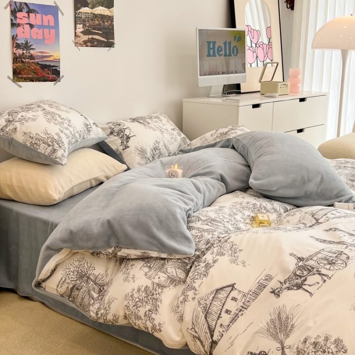 91家纺网 家纺一手货源 找家纺 昔可 2022新款梦幻公主风系列棉加绒印花四件套 水墨画灰