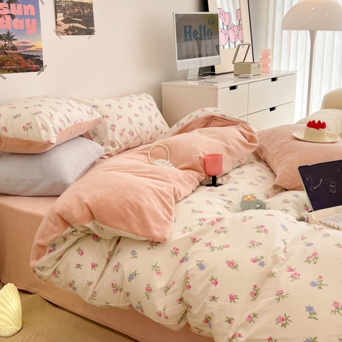 91家纺网 家纺一手货源 找家纺 昔可 2022新款梦幻公主风系列棉加绒印花四件套 韩式小花花