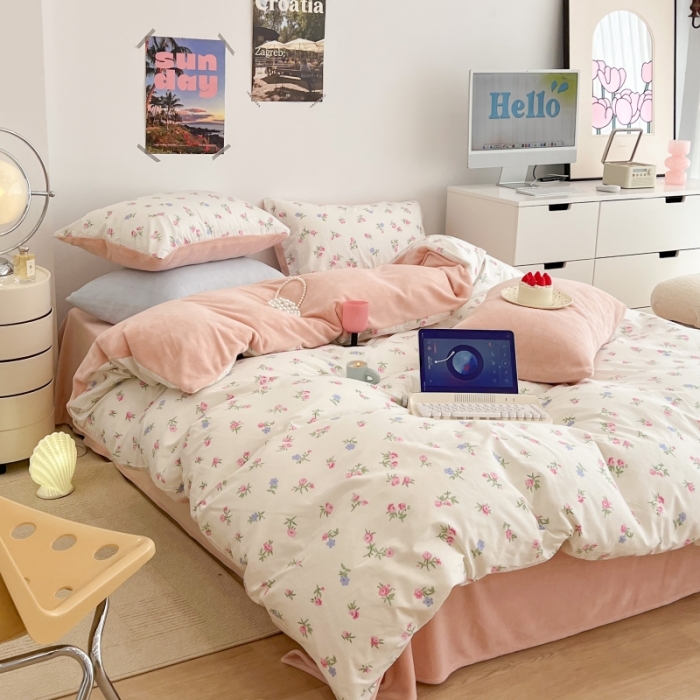 91家纺网 家纺一手货源 找家纺 昔可 2022新款梦幻公主风系列棉加绒印花四件套 韩式小花花