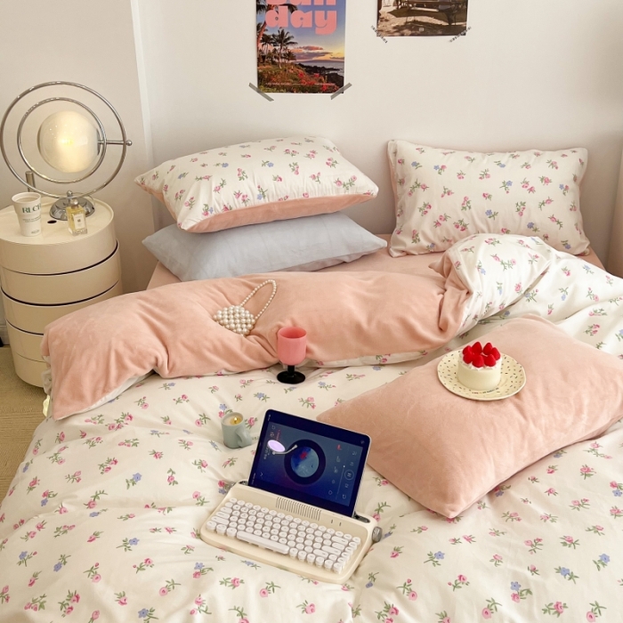 91家纺网 家纺一手货源 找家纺 昔可 2022新款梦幻公主风系列棉加绒印花四件套 韩式小花花