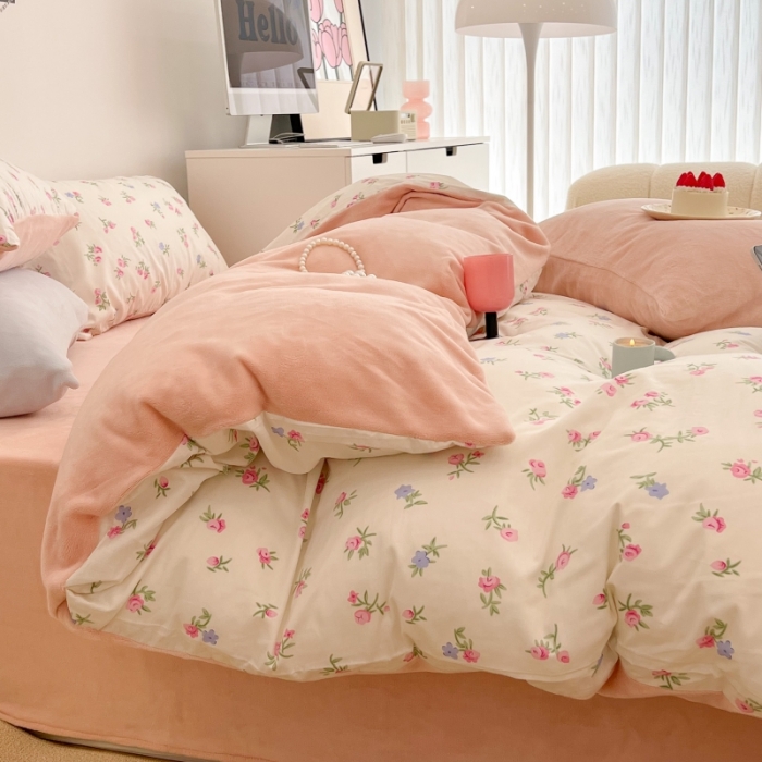 91家纺网 家纺一手货源 找家纺 昔可 2022新款梦幻公主风系列棉加绒印花四件套 韩式小花花