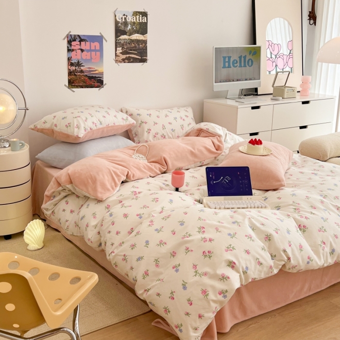 91家纺网 家纺一手货源 找家纺 昔可 2022新款梦幻公主风系列棉加绒印花四件套 韩式小花花