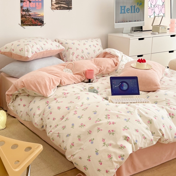 91家纺网 家纺一手货源 找家纺 昔可 2022新款梦幻公主风系列棉加绒印花四件套 韩式小花花