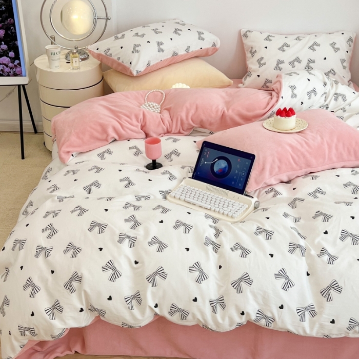 91家纺网 家纺一手货源 找家纺 昔可 2022新款梦幻公主风系列棉加绒印花四件套 赫本蝴蝶结